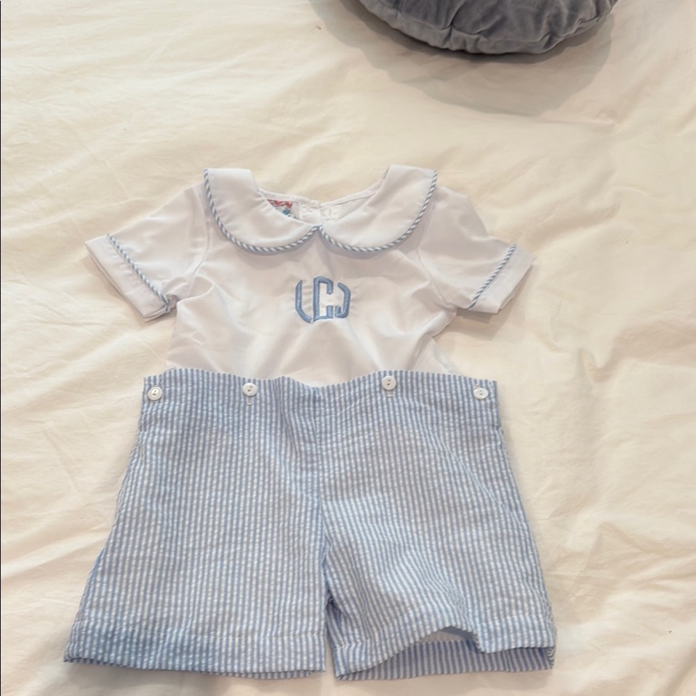 Sear sucker button in shorts with “LJC” Monogram top